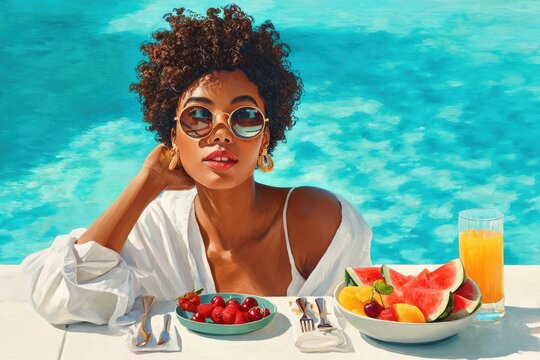 Woman relaxing poolside in sunglasses with fresh fruit and orange juice on a sunny summer day