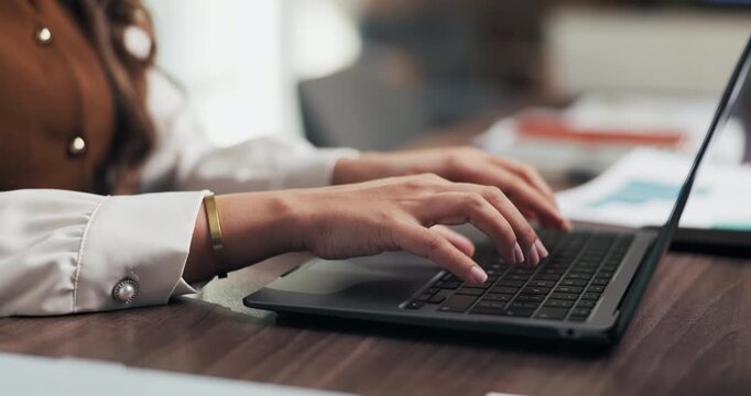 Desk, business and hands of woman on laptop for budget planning, audit review and research. Accounting, office and person typing on computer for financial report, online proposal or tax evaluation