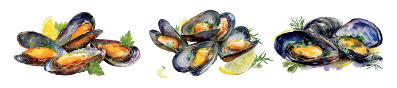 Watercolor painting showcasing fresh mussels with lemon slices and green herbs, illustrating gourmet seafood appetizers and culinary concepts on a white background