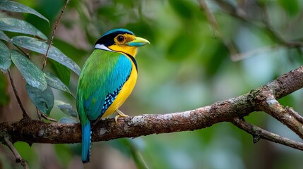 Obraz premium A vibrant bird perched on a tree branch in a lush forest with green leaves