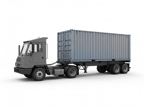 3D render of a grey semi truck with a cargo container trailer on white background.