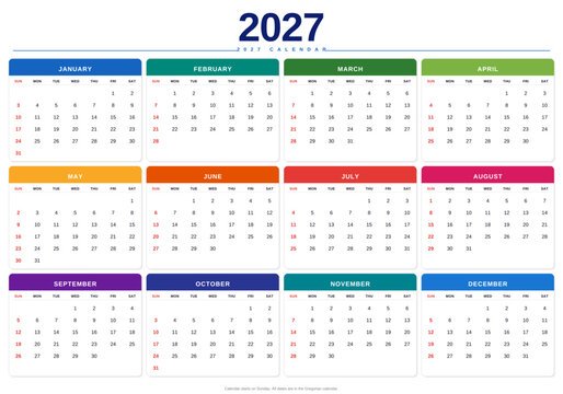 2027 Colorful Wall Calendar Planner| Vector annual or monthly page layout for wall, desk calendar with week starts on Sunday | Modern calendar with red & black font colour