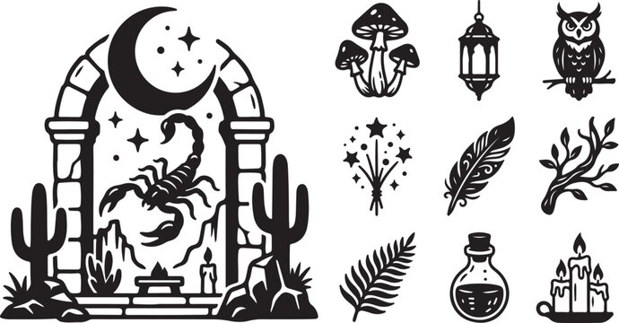 Whimsical desert scene with mystical symbols and creatures