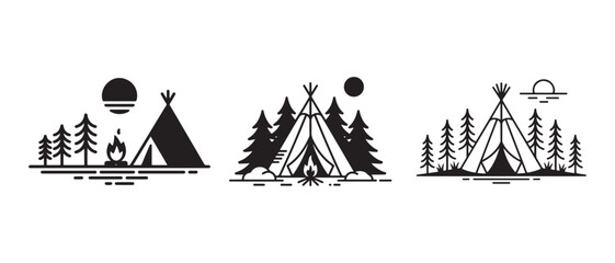 Set of black and white camping teepee tent icons with pine trees and campfire for outdoor adventure and travel design. © CreatetiveDesignX