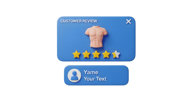3d rendering of a customer review popup window featuring a muscular male torso icon and a four out of five star rating, isolated on transparent background