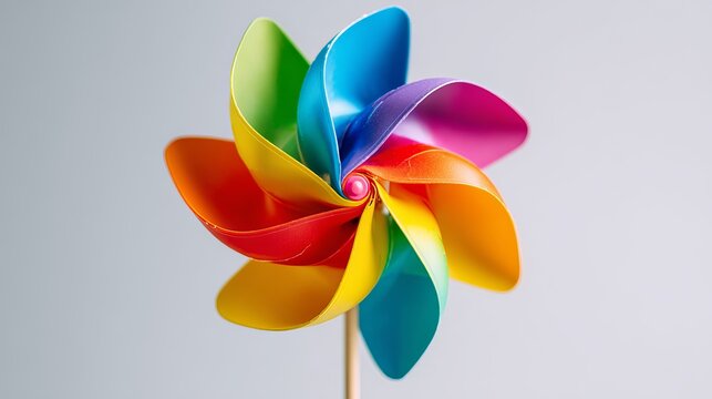 A colorful pinwheel spinning in the wind against a plain background