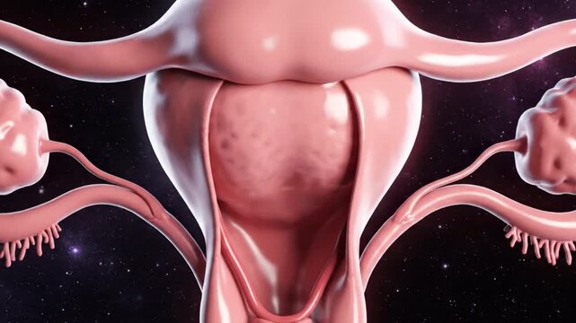 Cinematic CGI animation of realistic human uterus hovering slowly in space anatomically detailed reproductive anatomy smooth organic tissue texture soft rim lighting glossy biological surface elegant 