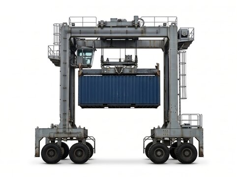 Straddle Carrier Transporting a Large Blue Shipping Container.