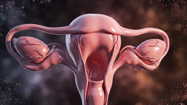 Ultra detailed 3D render realistic human uterus floating gently in mid air cinematic medical visualization static camera anatomically accurate uterus organic texture subtle vascular details glossy sur