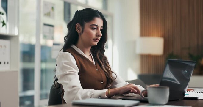 Finance, office and business woman on laptop for budget planning, audit review and research. Accounting, typing and person on computer for financial report, funding proposal and debt evaluation
