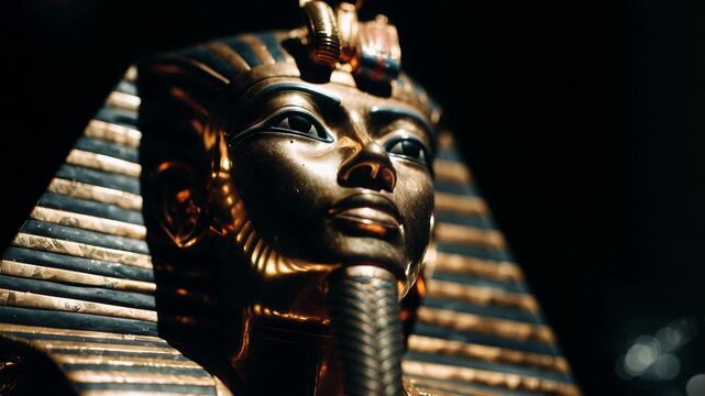 Golden Pharaoh mask with blue stripes, ancient Egyptian artifact close-up. Detailed view of a golden funerary mask with iconic blue stripes, evoking ancient Egyptian royalty and mystery