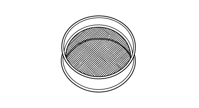 Vector strainer, kitchen sieve, mesh filter, cooking tool, black and white illustration
