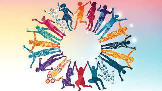 Diverse group of colorful human silhouettes holding hands in circle over soft pastel rainbow background