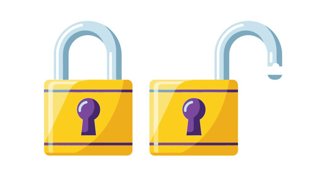 Two yellow padlocks, one locked and one unlocked