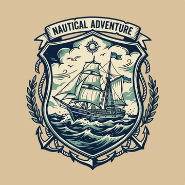Vintage nautical adventure emblem with a classic sailing ship on ocean waves.