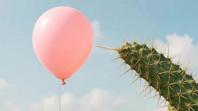 Pink balloon floats near a spiky cactus against a cloudy blue sky. A single pink balloon drifts gently in the sky, its string tethered near a sharp, green cactus with prominent spines