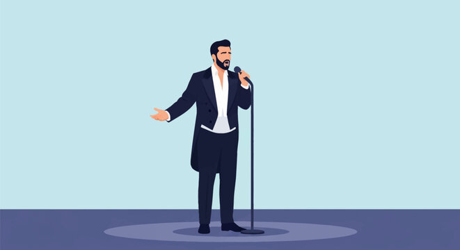 Vector illustration of a professional male singer with a beard wearing a formal black tuxedo and tailcoat, performing into a microphone on a minimalist stage under a spotlight.