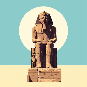 Stylized vector illustration of a massive ancient Egyptian pharaoh stone statue seated on a throne, featuring a nemes headdress, set against a large white circle and blue sky.