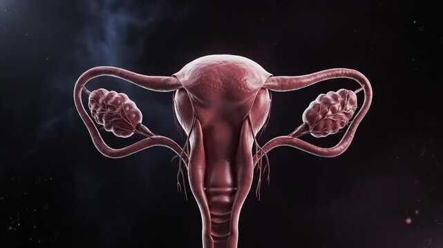 High detail medical visualization realistic floating uterus with natural organic texture subtle vascular structure soft cinematic lighting dark atmospheric background smooth floating movement clean sc