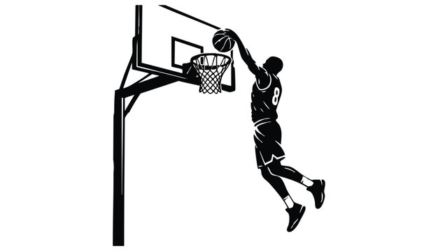 vector silhouette of a male basketball player slam dunk, scoring the ball to the net