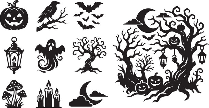 Halloween icons and symbols in black and white
