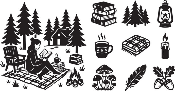 Woman reading in serene forest campsite with icons around