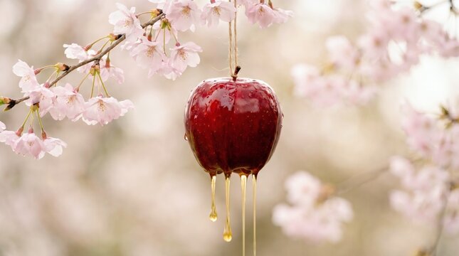 Glossy red apple with honey dripping among cherry blossoms close up natural beauty artistic contrast soft petals foreground blur
