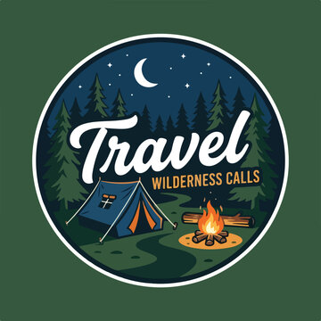 Vintage style camping emblem with tent and campfire in forest at night.