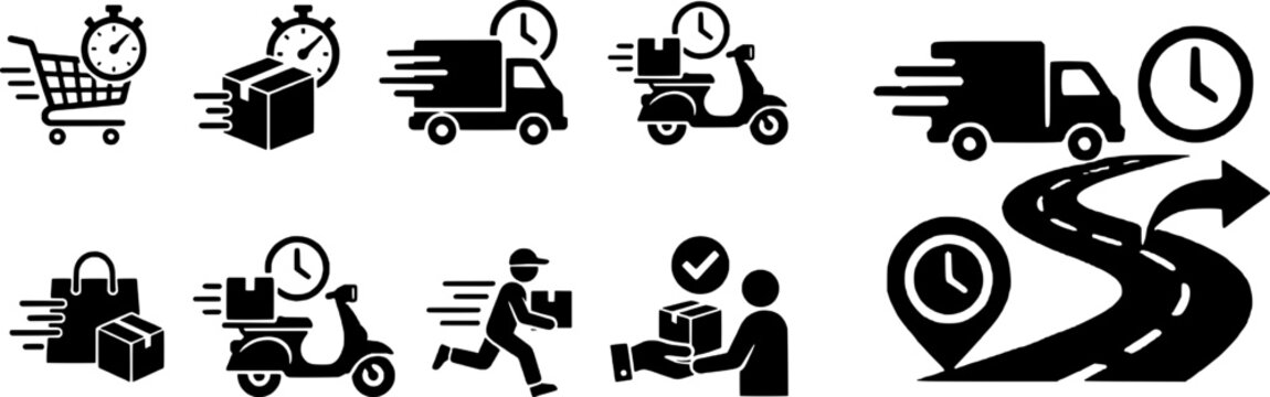 Collection of fast delivery icons including trucks, scooters, and people rushing with packages and clocks, symbolizing rapid shipping and logistics.