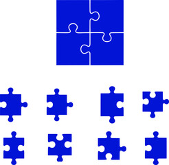 Fototapeta premium A blue jigsaw puzzle piece set with one completed square on a white background, symbolizing problem solving and teamwork in business and education.