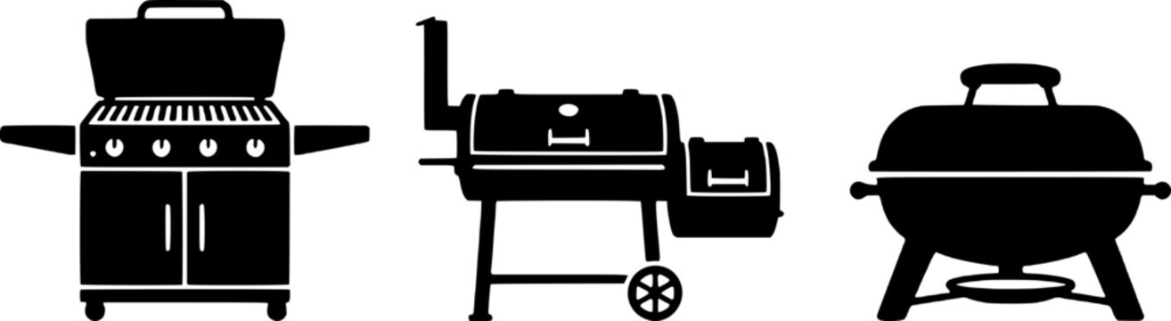 Three black silhouettes of different barbecue grills, including gas, charcoal, and smoker models, on a white background.