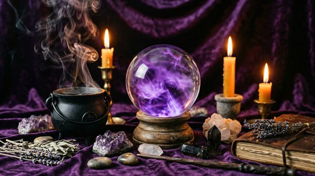 Crystal ball with magical purple energy and steaming cauldron on wooden table. Witchcraft workspace with candles and herbs. Occult ritual and spiritual divination concept for Halloween.