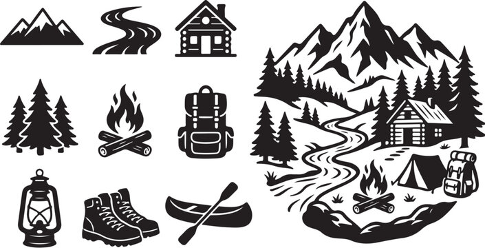 Camping and hiking icons in black and white style