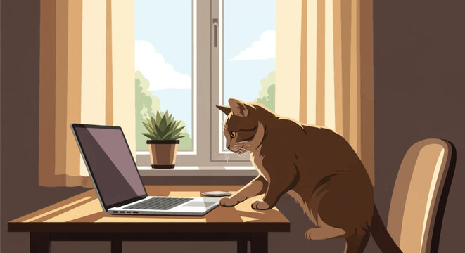 Flat vector illustration of a brown tabby cat sitting on a wooden desk and looking at an open laptop screen in a bright home office near a window with curtains and a potted plant.