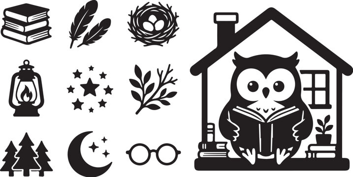 Owl Reading in Cozy House with Books and Symbols