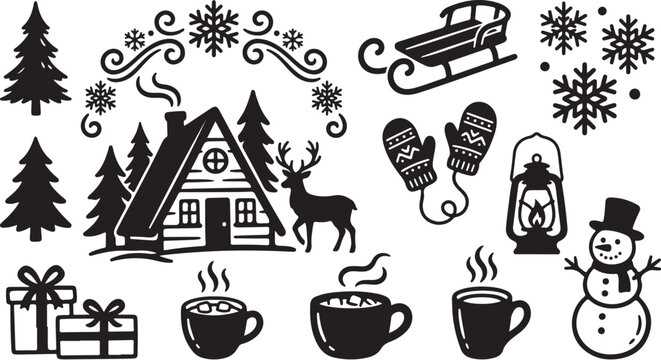 Winter Holiday Icons and Symbols in Black and White