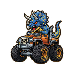 Angry Triceratops Dinosaur Driving Extreme Monster Truck Mascot © Aryasakti