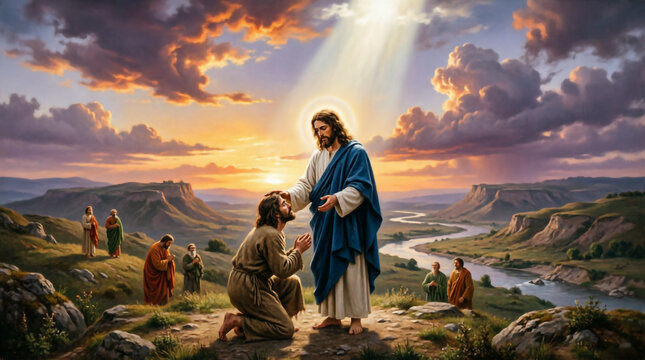 Jesus gently restores sight to a blind man in Bethsaida through his divine and merciful touch.
