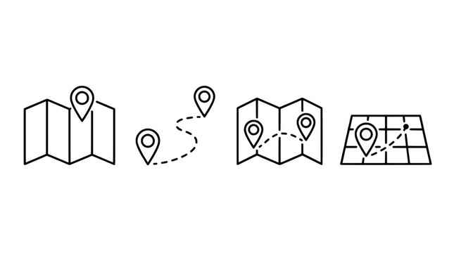 Map navigation icons with location markers and directional paths featuring travel, route, directions with pin and waypoints elements for travel