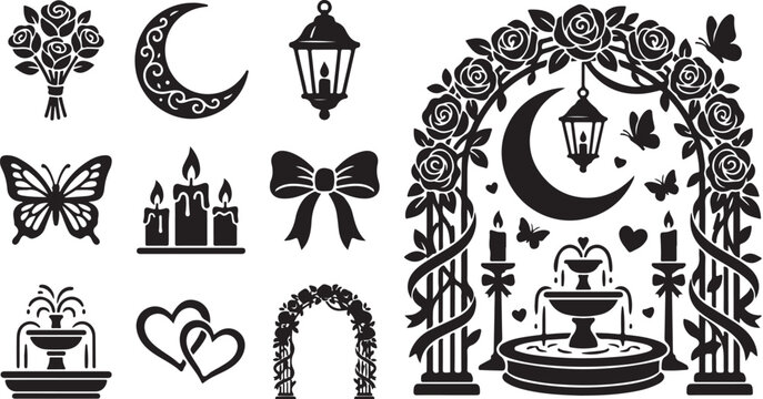 Romantic Moonlit Garden Icons and Symbols Collection