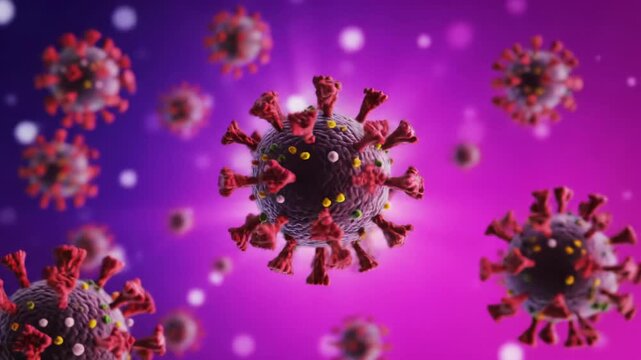 Hyper-realistic 3D rendered SARS-CoV-2 virions with red spike proteins slowly rotating in ethereal fluid, illuminated by dramatic backlighting against a purple-pink gradient. Global health challenges