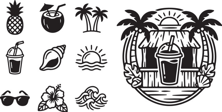 Tropical Summer Vacation Icon Set with Beach Symbols