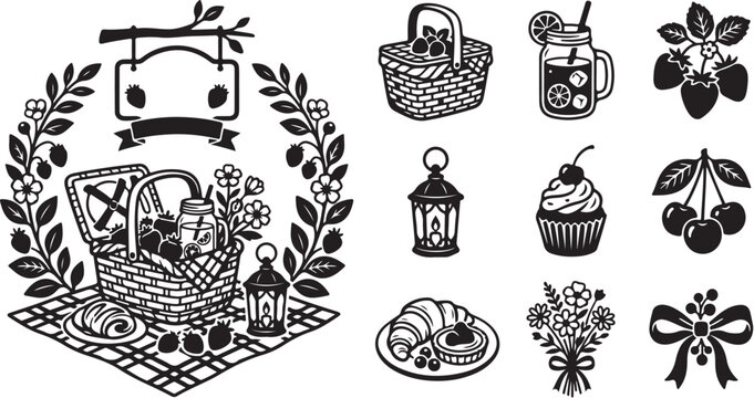Picnic Basket and Food Icons Set Black White Illustration