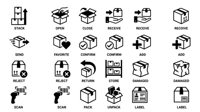 Package shipping icons set with arrows, open close receive confirm return damage and label symbols featuring arrow navigation, damaged goods, reject