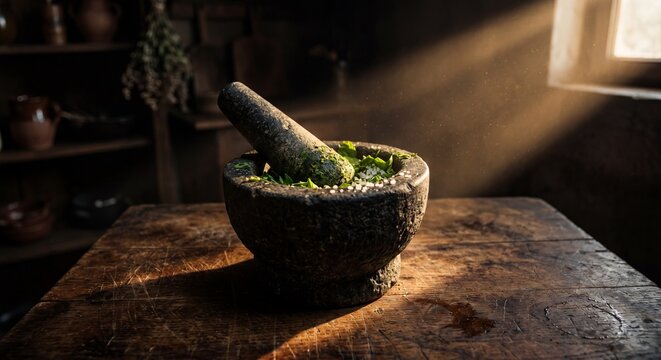 Moody cinematic close-up of organic herbs in stone mortar for holistic wellness