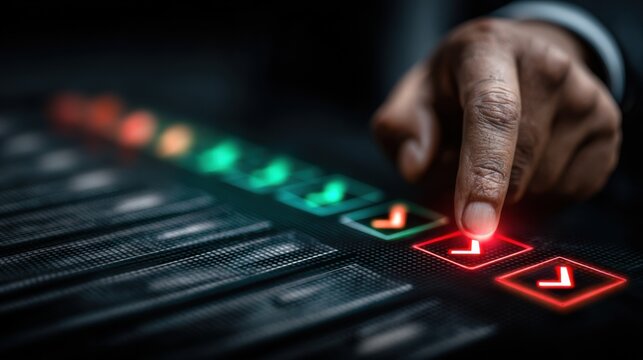 Hand pressing a red button in a control panel during an important operation in a modern environment