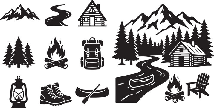 Camping and hiking icons in black and white style