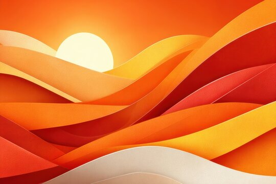Abstract sunset waves with warm orange and red gradient layered paper-cut landscape