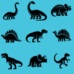 Dinosaur black silhouettes vector set isolated on bright blue background © Anna Lytvyn