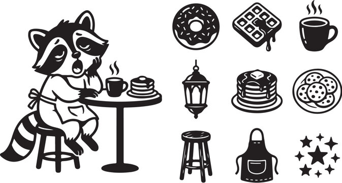 Raccoon enjoying breakfast at a cozy little caf&eacute; table